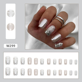 Elegant Square Press On Nails – Silver Glitter & Starry Sky Nail Art