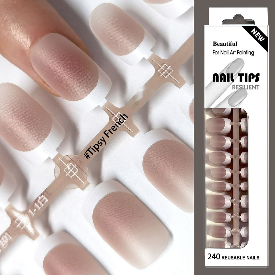 European Square Press On Nails - Frosted French Nude & Blush Tips