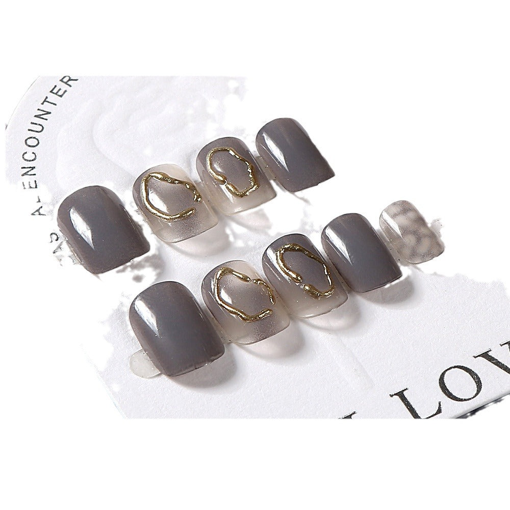 Autumn Winter Press On Nails - Ice Gray Gold Coil Short Square Tips

