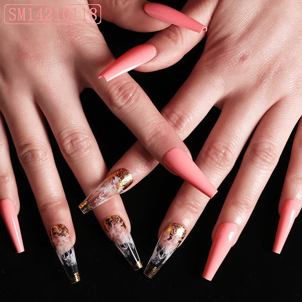 Artistic Pink Smoke Nails - European Long Coffin Fake Nails Set