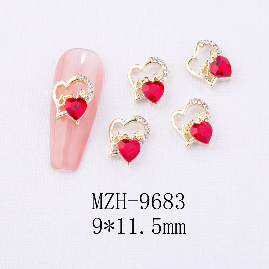 New Year Nail Bow Set - Glass & Metal Heart Decorations
