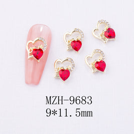 New Year Nail Bow Set - Glass & Metal Heart Decorations