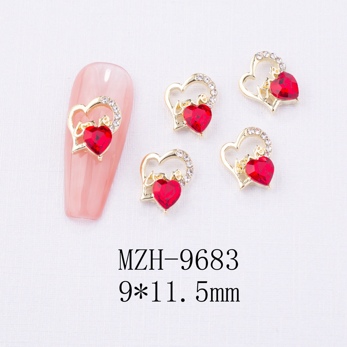 New Year Nail Bow Set - Glass & Metal Heart Decorations