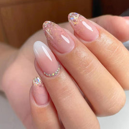 Gradient Glitter Fake Nails - Diamond Armor Oval Shape