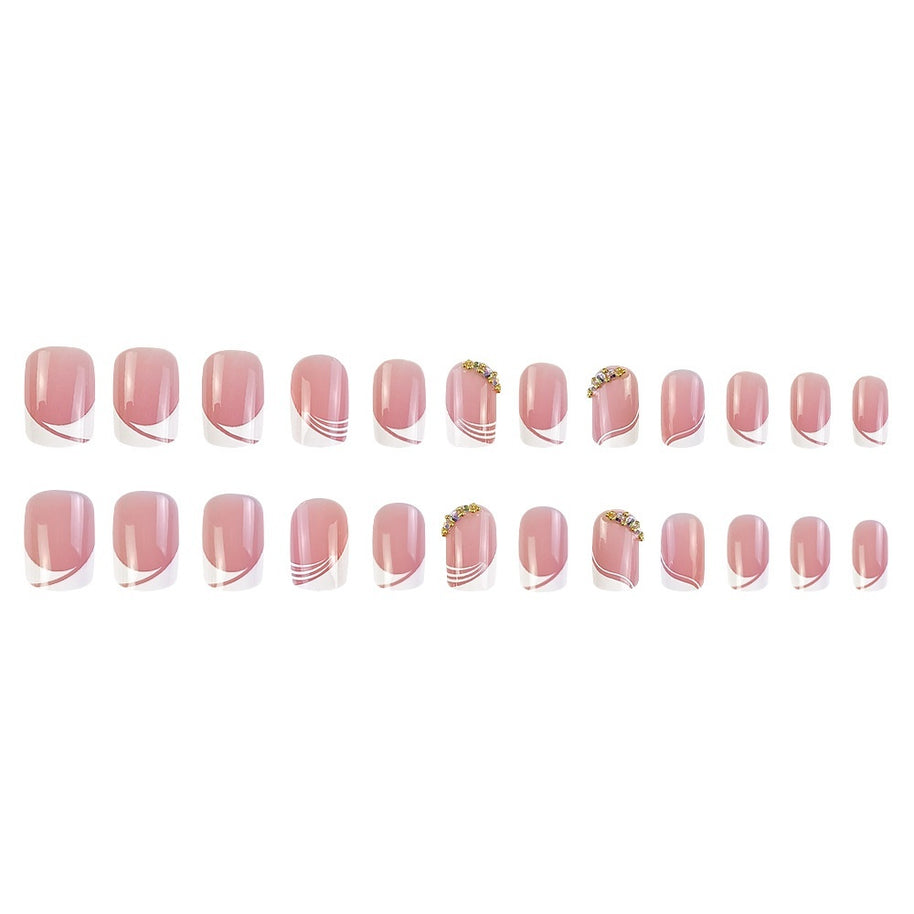 Sweet French Manicure - Medium Length Rhinestone Nails