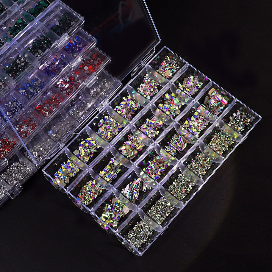 Professional Nail Art Rhinestones - 24 Grid Kit with AB & Colored Diamonds