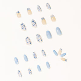 Medium Length Nail Tips - Cream White & Baby Blue Design
