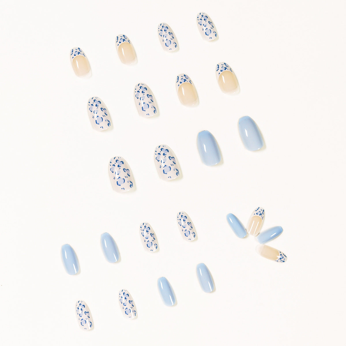 Medium Length Nail Tips - Cream White & Baby Blue Design