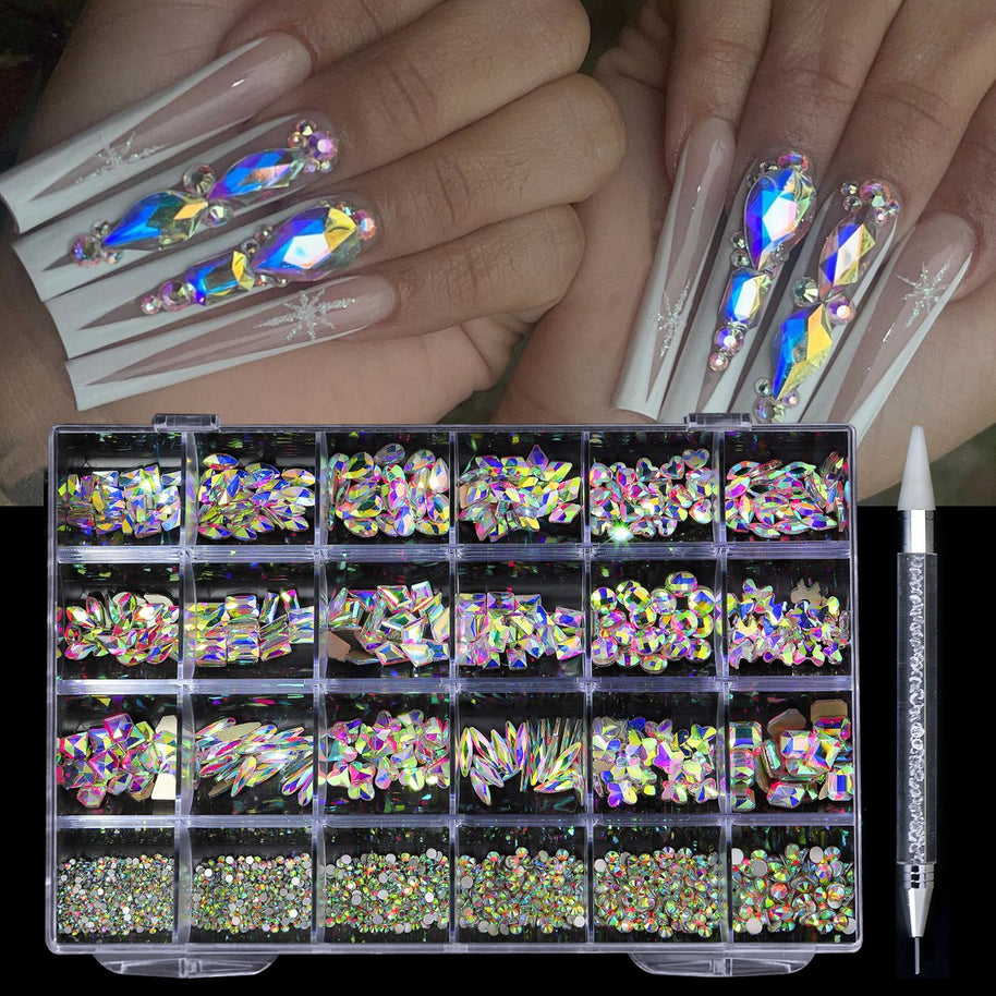 Professional Nail Art Rhinestones - 24 Grid Kit with AB & Colored Diamonds