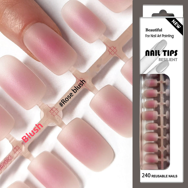 European Square Press On Nails - Frosted French Nude & Blush Tips