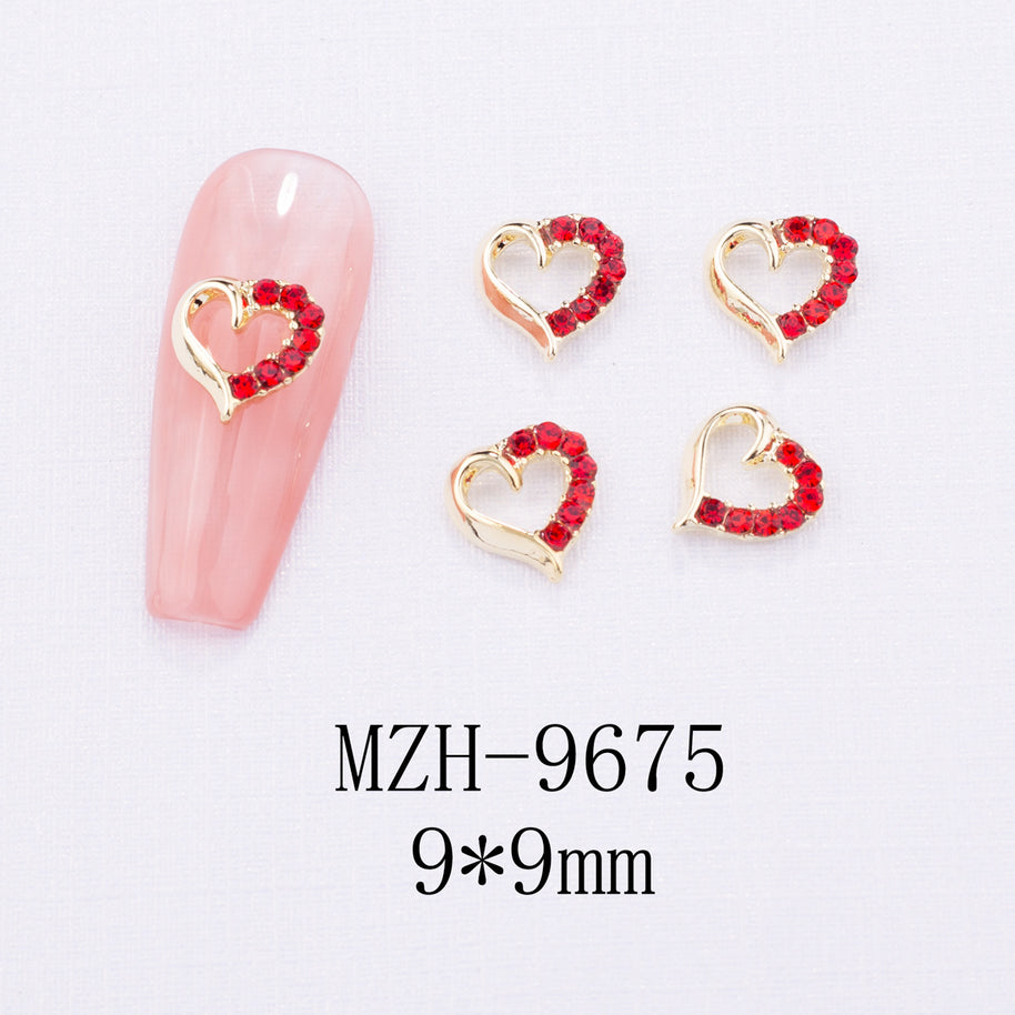 New Year Nail Bow Set - Glass & Metal Heart Decorations