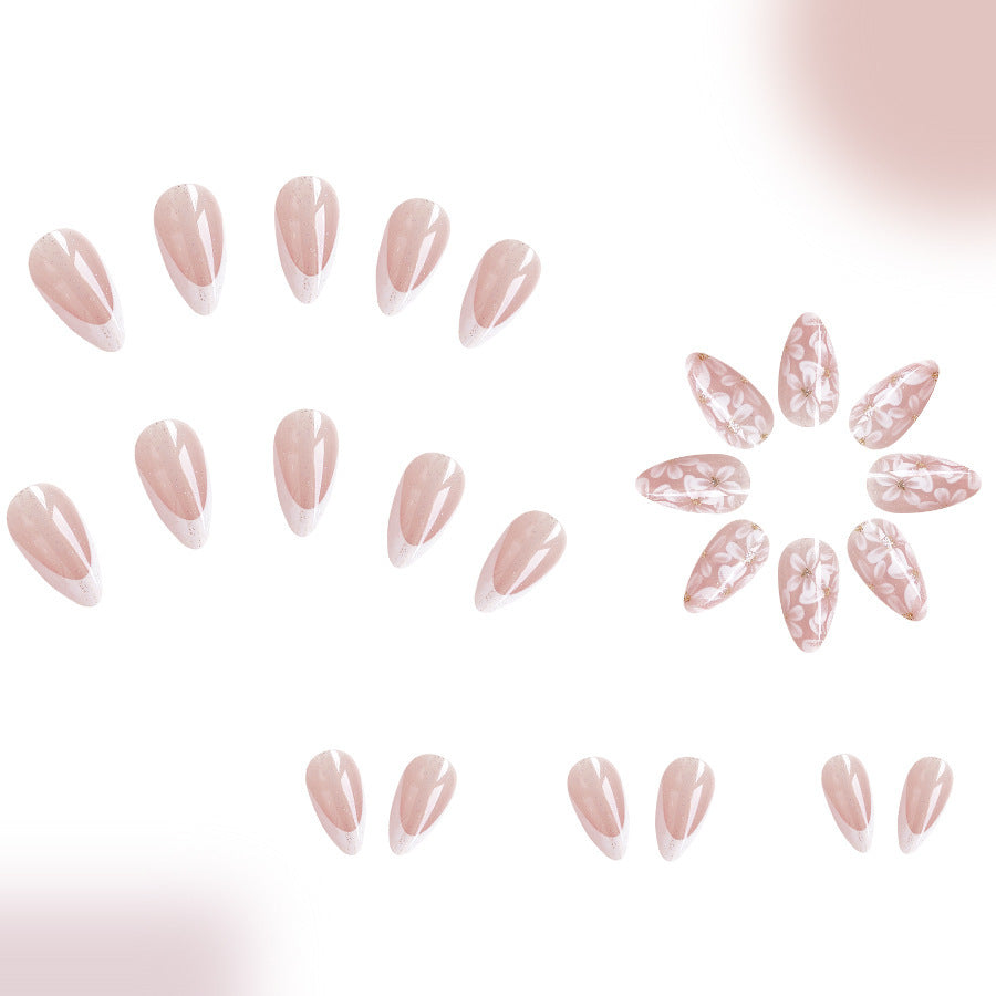 Glitter Flower Almond Nails - Short French Style False Nails