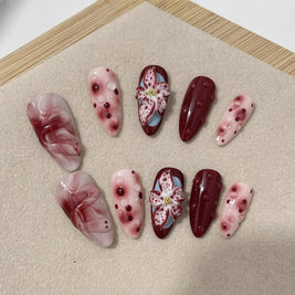 3D Hand-Pressed Floral Nails - Rose & Tulip Almond Tips
