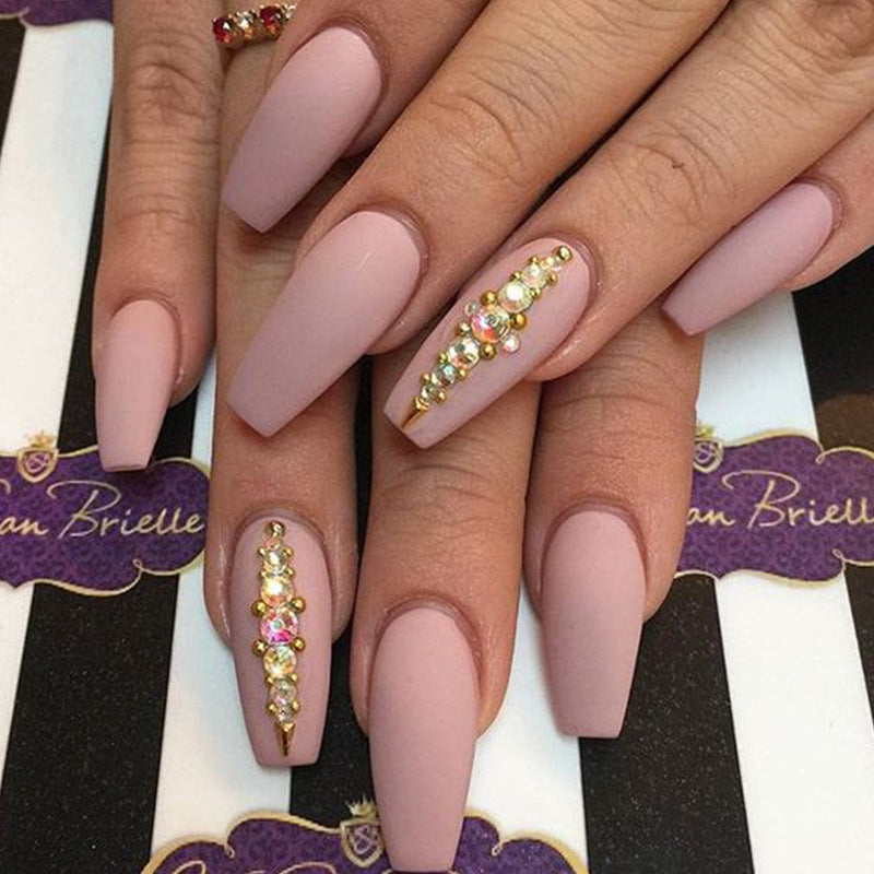 Matte Ballet Nails - Long Flesh Diamond Love Design