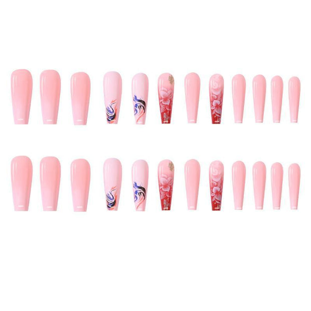 Glitter Camellia Nails - Ultra-Long Trapezoid Coffin Tips