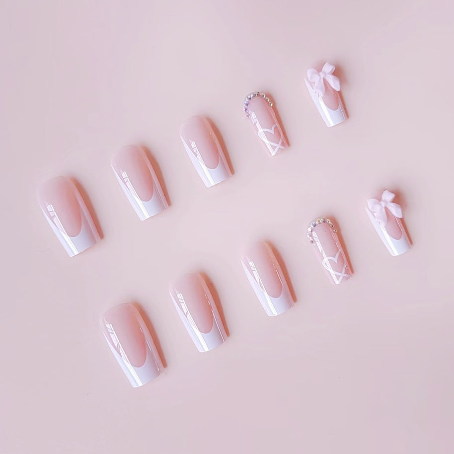 French Style Bow Nail - 24PC Pink Crystal Set