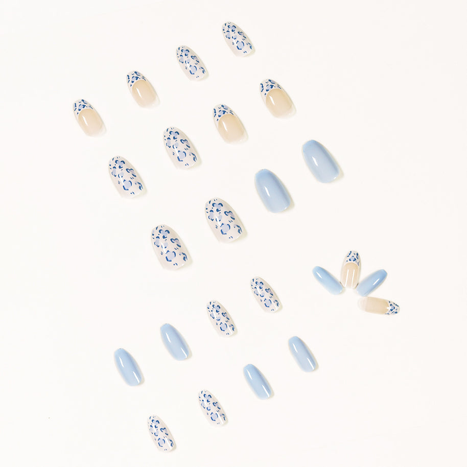 Medium Length Nail Tips - Cream White & Baby Blue Design