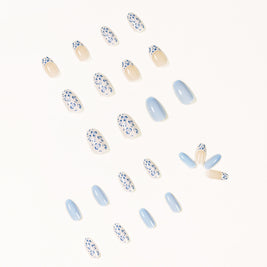 Medium Length Nail Tips - Cream White & Baby Blue Design