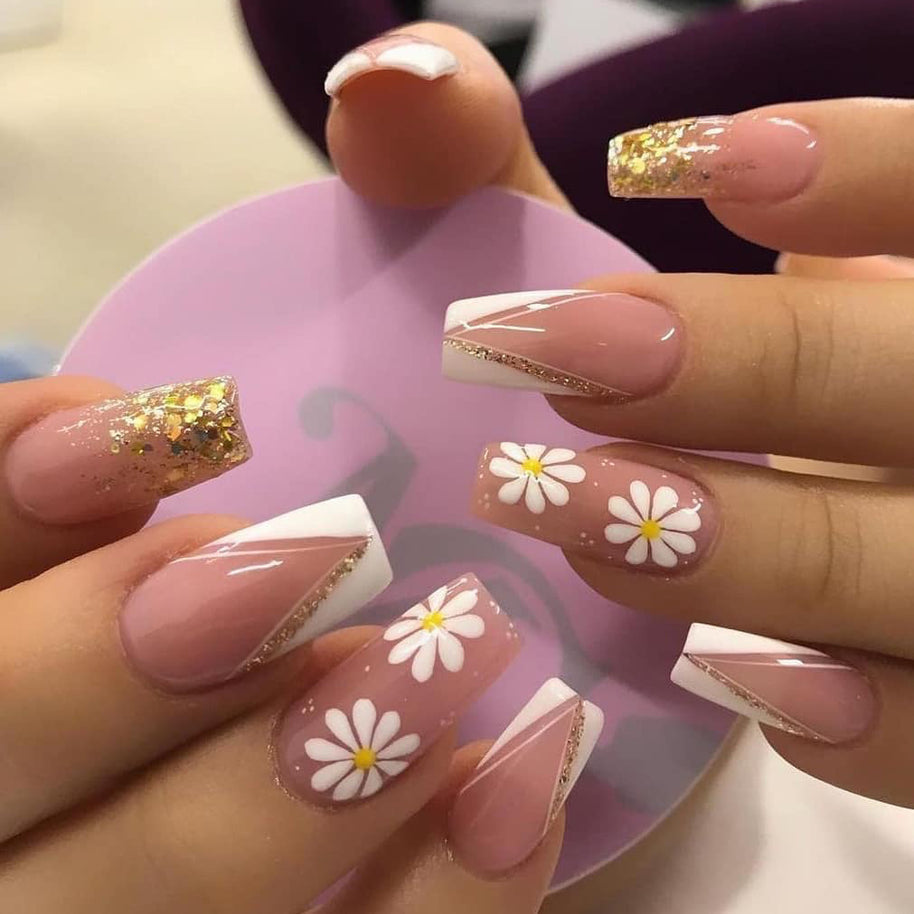 French Floral Press-On Nails - Rose & Tulip Ballet Length Tips
