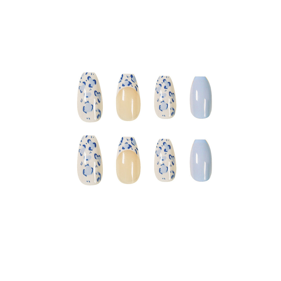 Medium Length Nail Tips - Cream White & Baby Blue Design