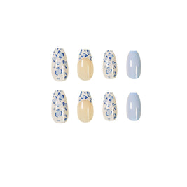 Medium Length Nail Tips - Cream White & Baby Blue Design