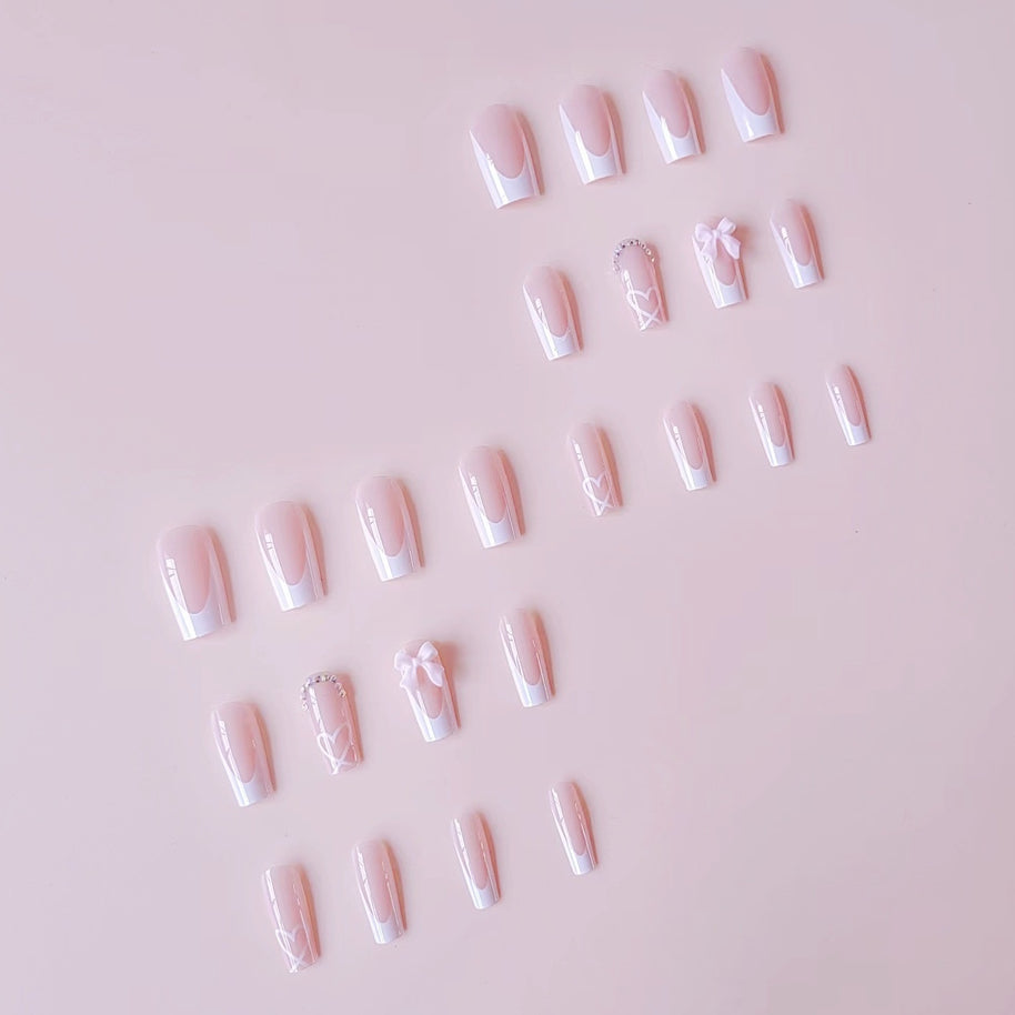 French Style Bow Nail - 24PC Pink Crystal Set