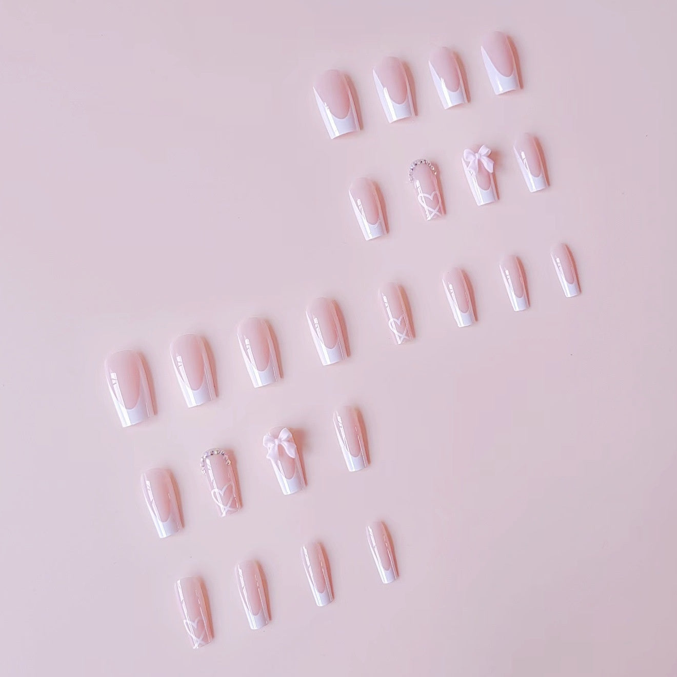 French Style Bow Nail - 24PC Pink Crystal Set