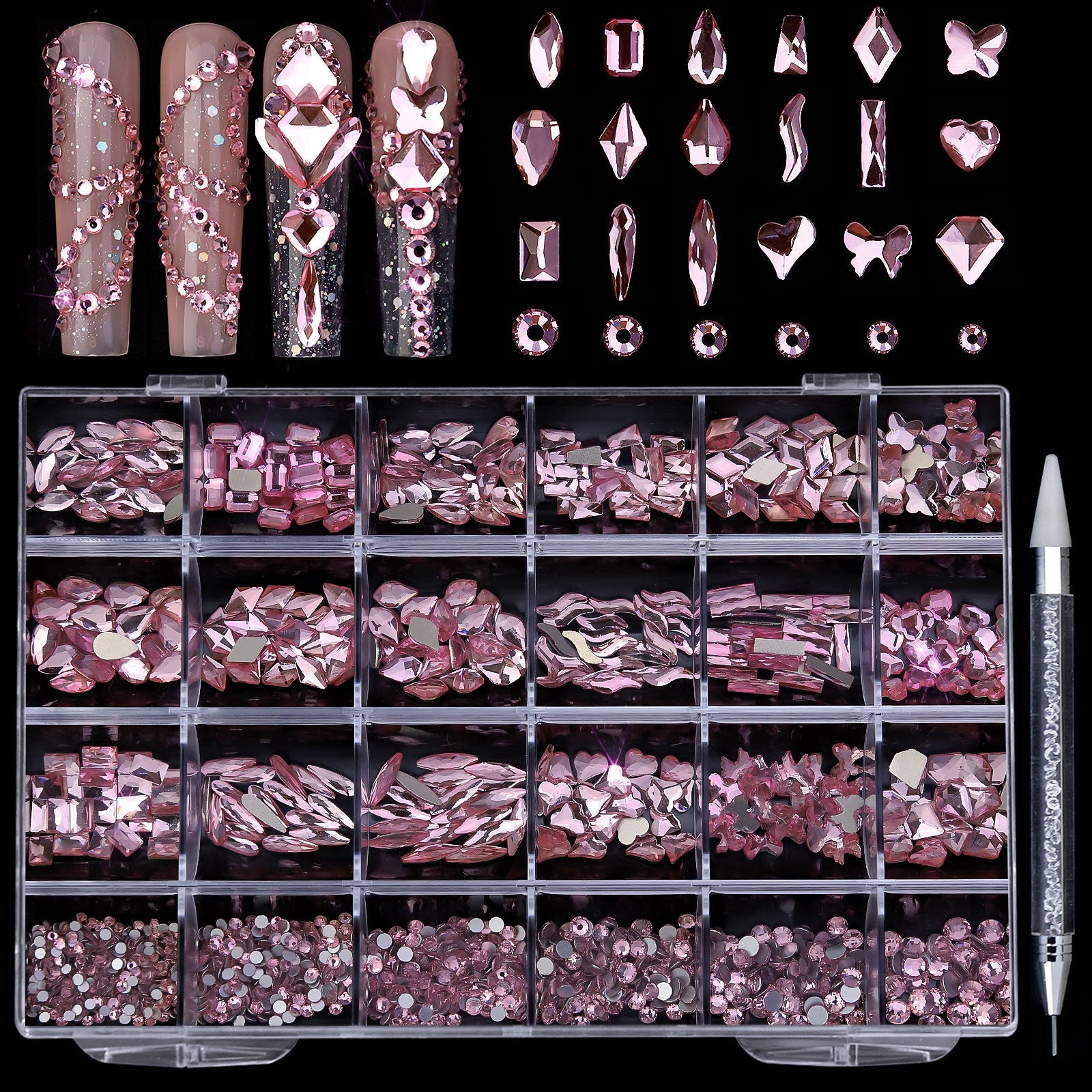 Professional Nail Art Rhinestones - 24 Grid Kit with AB & Colored Diamonds