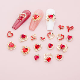 New Year Nail Bow Set - Glass & Metal Heart Decorations