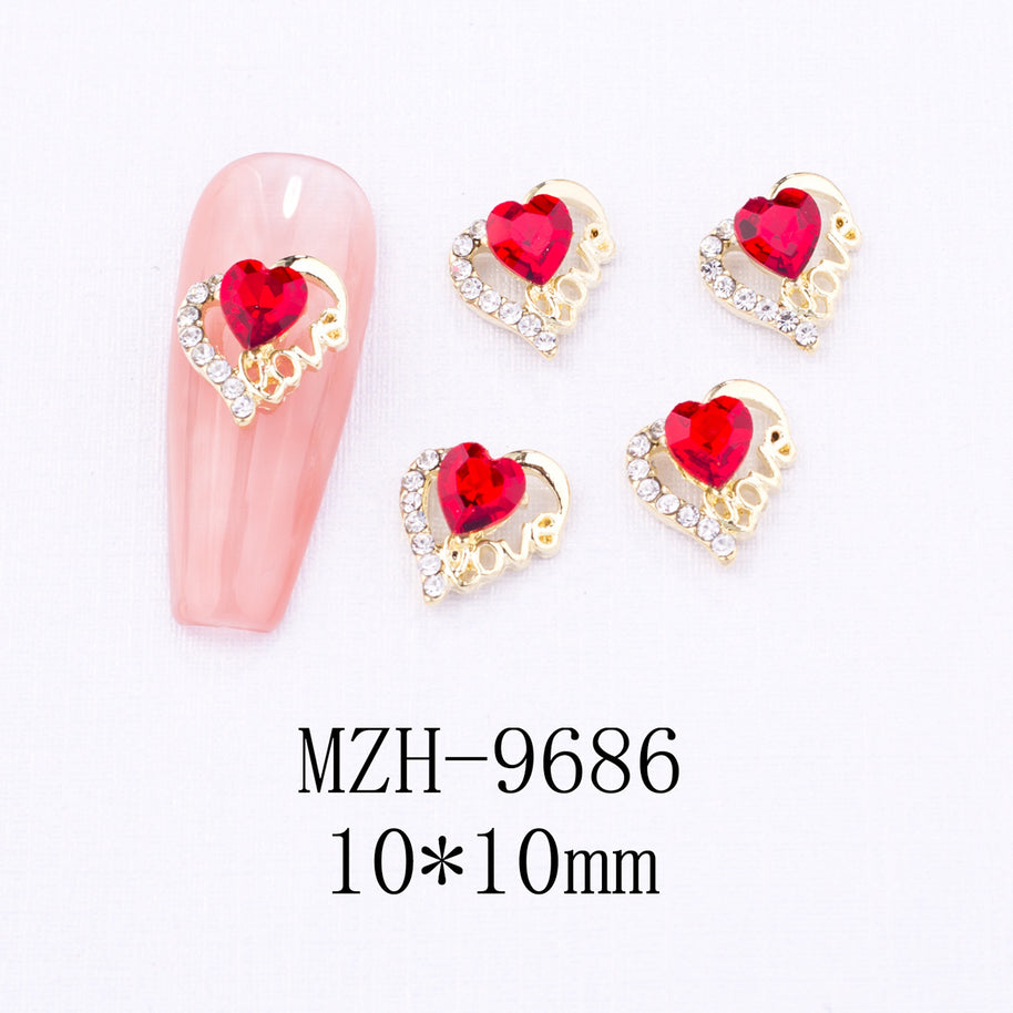 New Year Nail Bow Set - Glass & Metal Heart Decorations