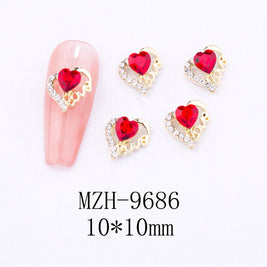 New Year Nail Bow Set - Glass & Metal Heart Decorations