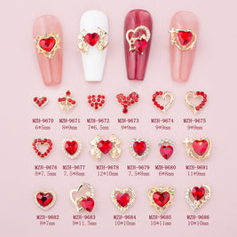 New Year Nail Bow Set - Glass & Metal Heart Decorations