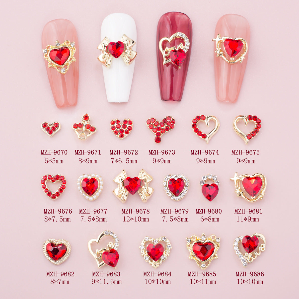 New Year Nail Bow Set - Glass & Metal Heart Decorations