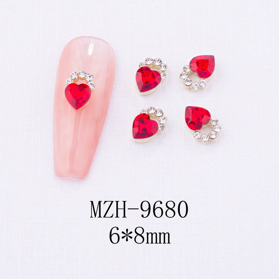 New Year Nail Bow Set - Glass & Metal Heart Decorations