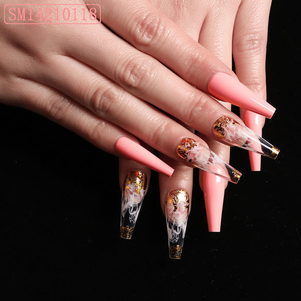 Artistic Pink Smoke Nails - European Long Coffin Fake Nails Set
