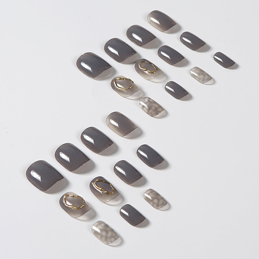 Autumn Winter Press On Nails - Ice Gray Gold Coil Short Square Tips