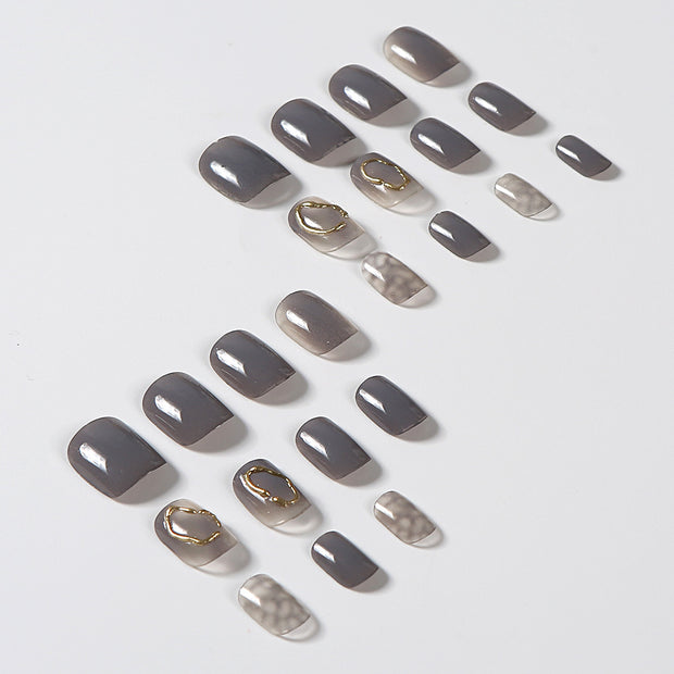 Autumn Winter Press On Nails - Ice Gray Gold Coil Short Square Tips