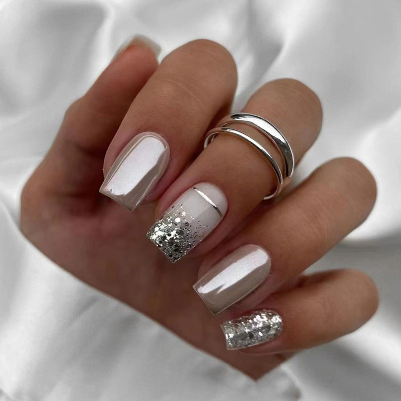 Elegant Square Press On Nails – Silver Glitter & Starry Sky Nail Art