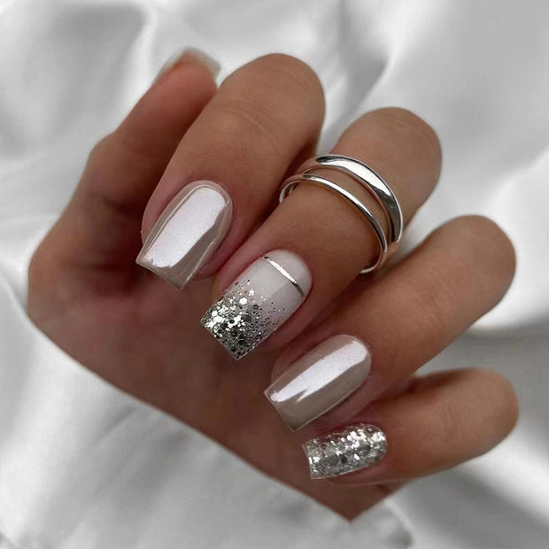 Elegant Square Press On Nails – Silver Glitter & Starry Sky Nail Art