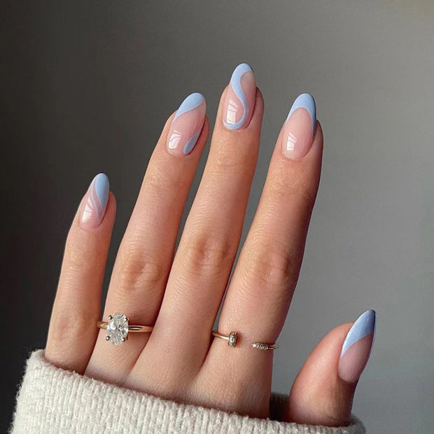 French Blue Wave Nails - Detachable Oval Tips