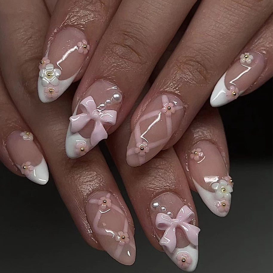 French White Nail Patches - Sweet Bow Accents
