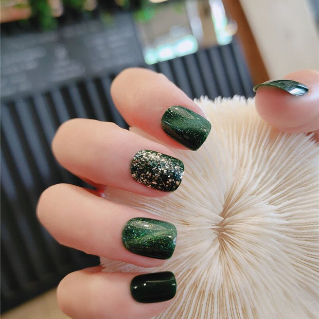 Glitter Green False Nails - 24pc Fashionable Nail Patches
