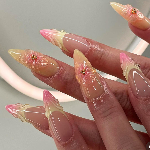 Handmade Almond Nails - Pinch Flower Marble Nail Tips
