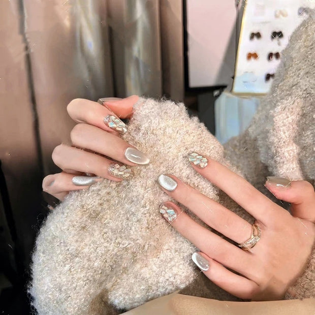 Mint Cat Eye UV Nails - Handmade Press-On Set
