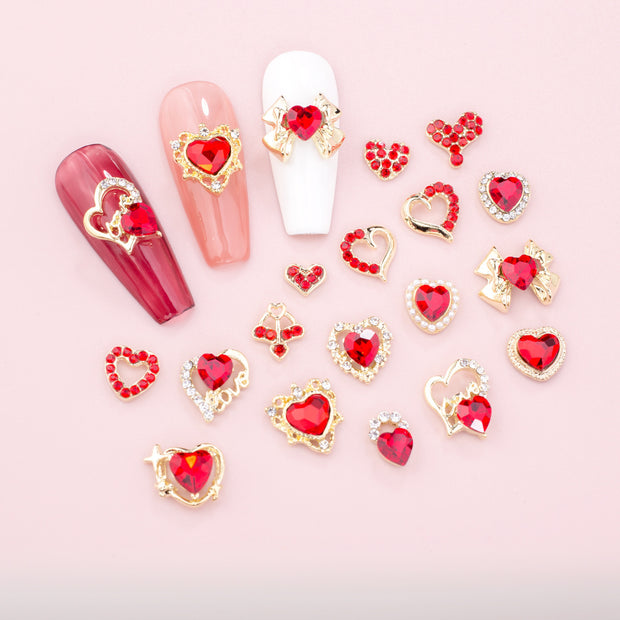 New Year Nail Bow Set - Glass & Metal Heart Decorations
