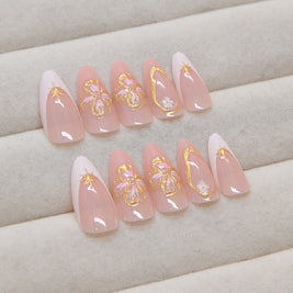 3D Peach Blossom French Nails - Detachable Floral Tips