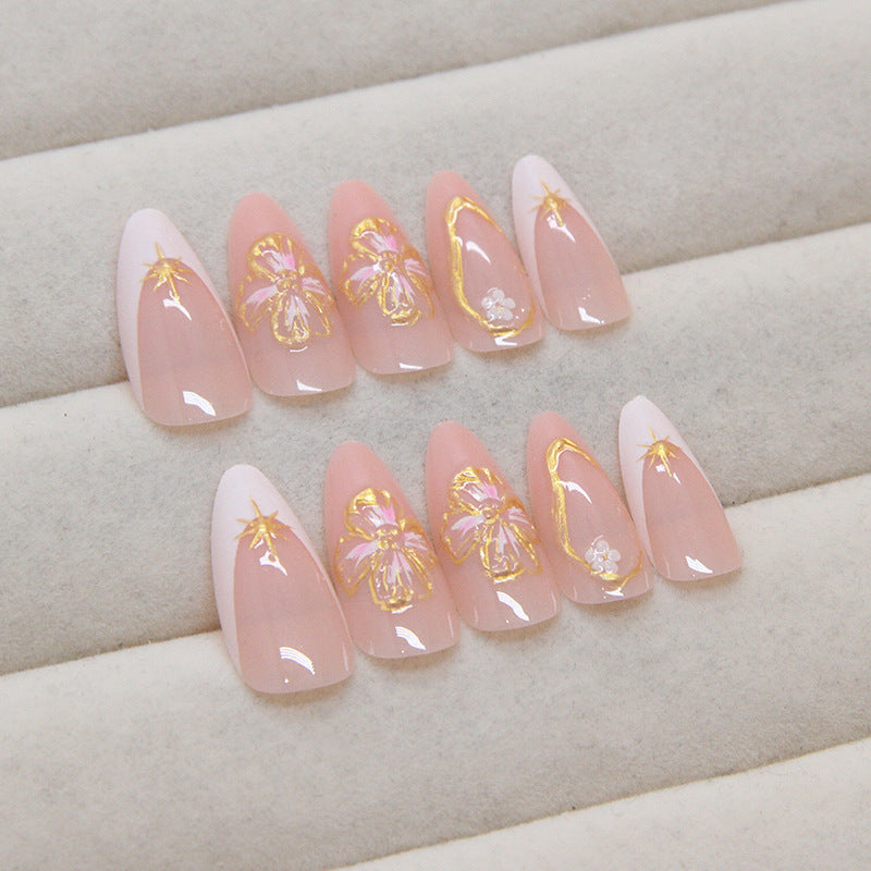 3D Peach Blossom French Nails - Detachable Floral Tips