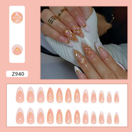 3D Peach Blossom French Nails - Detachable Floral Tips