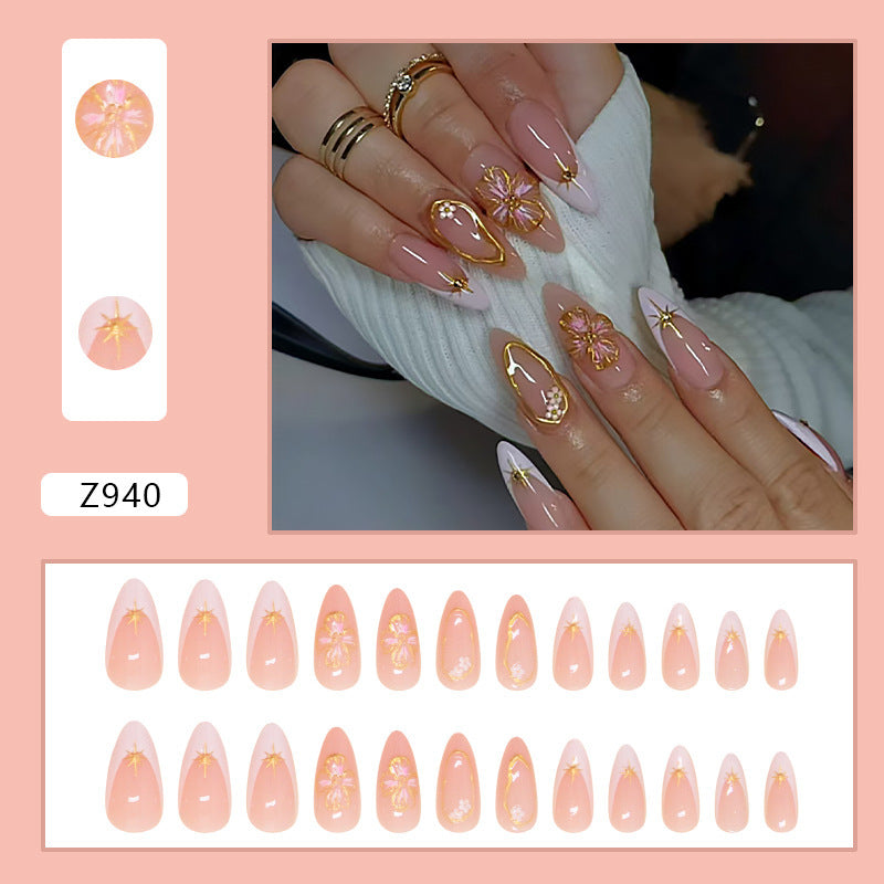 3D Peach Blossom French Nails - Detachable Floral Tips