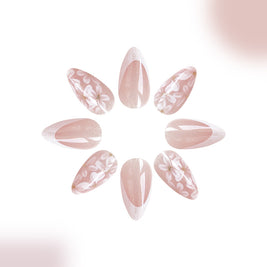 Glitter Flower Almond Nails - Short French Style False Nails